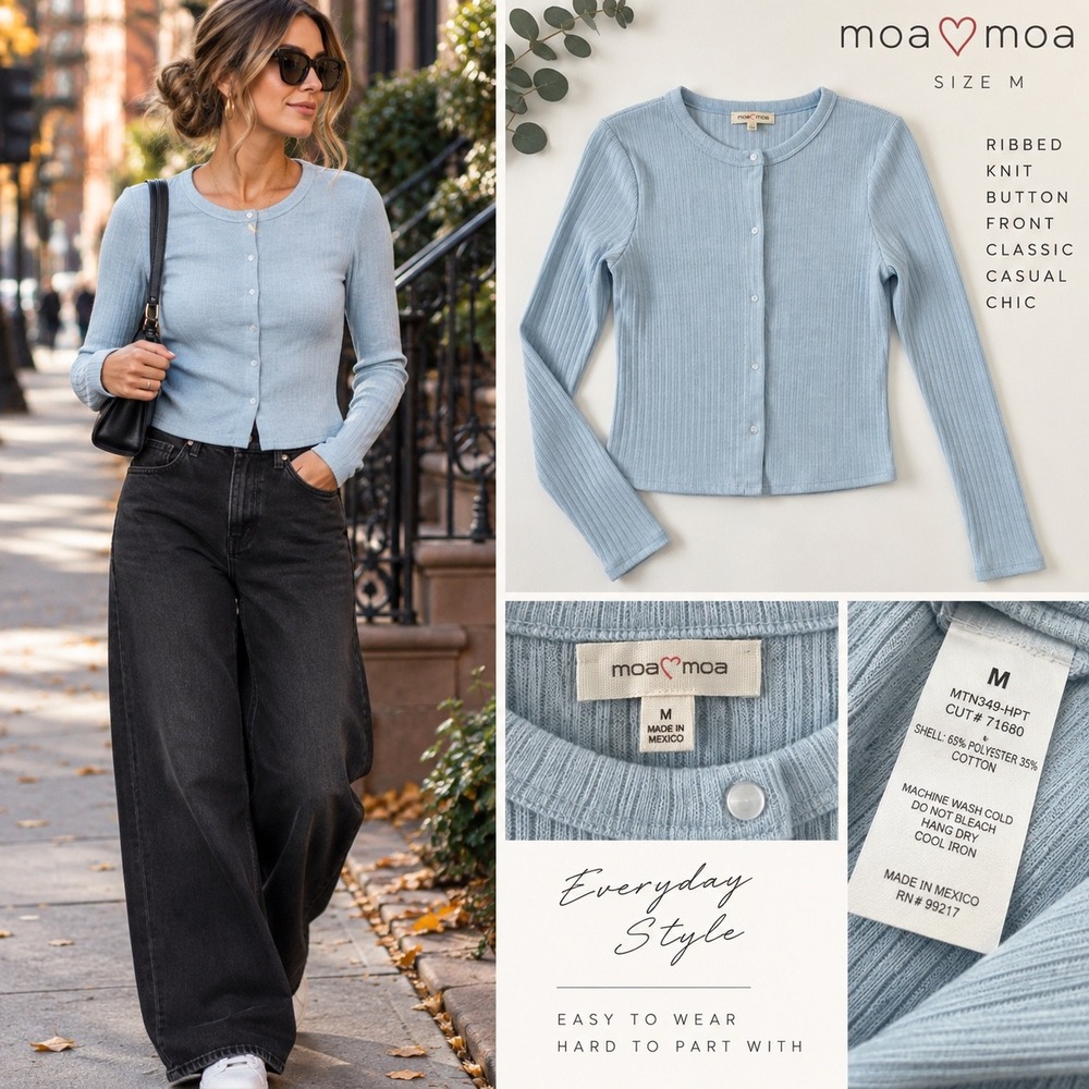 Moa Moa Ribbed Knit Button Front Cardigan Baby Blue MTN349-HPT Womens Medium